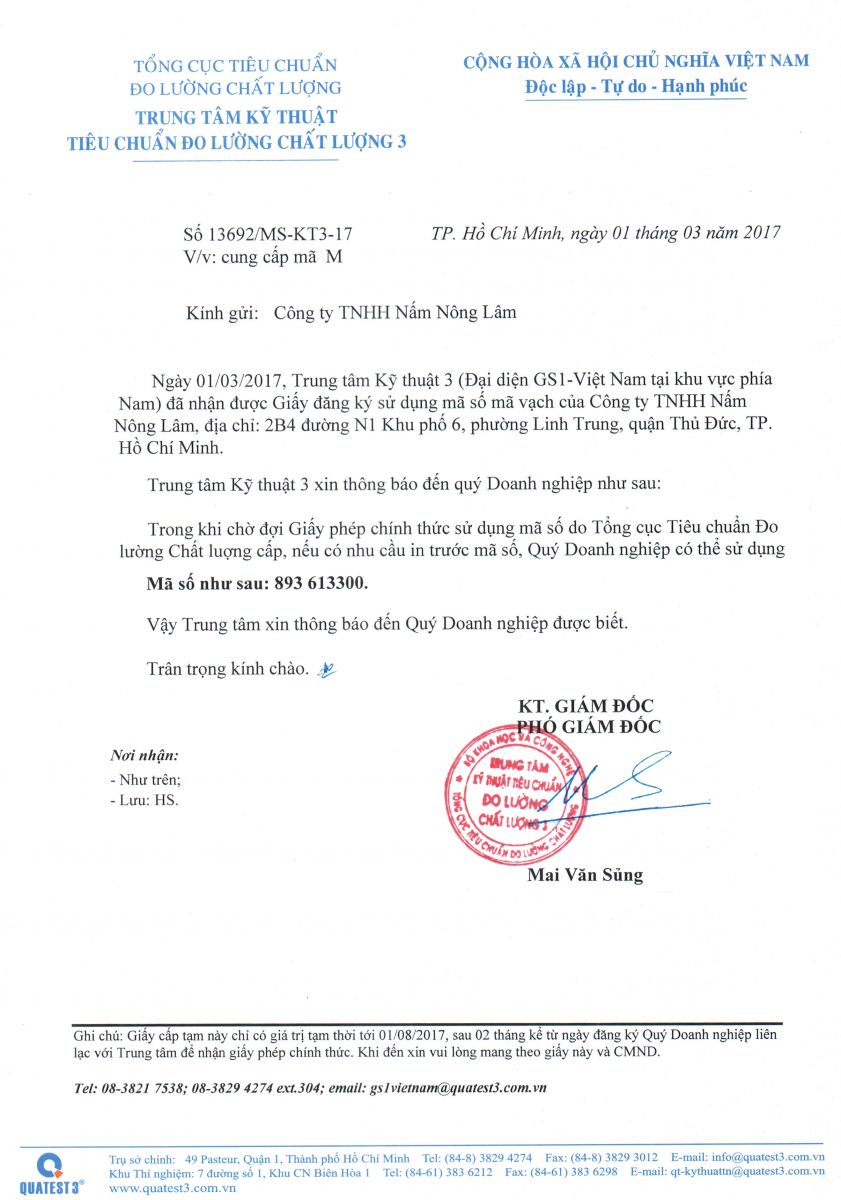 Linh chi Việt - Giấy phép Tổng cục Tiêu chuẩn đo lường chất lượng